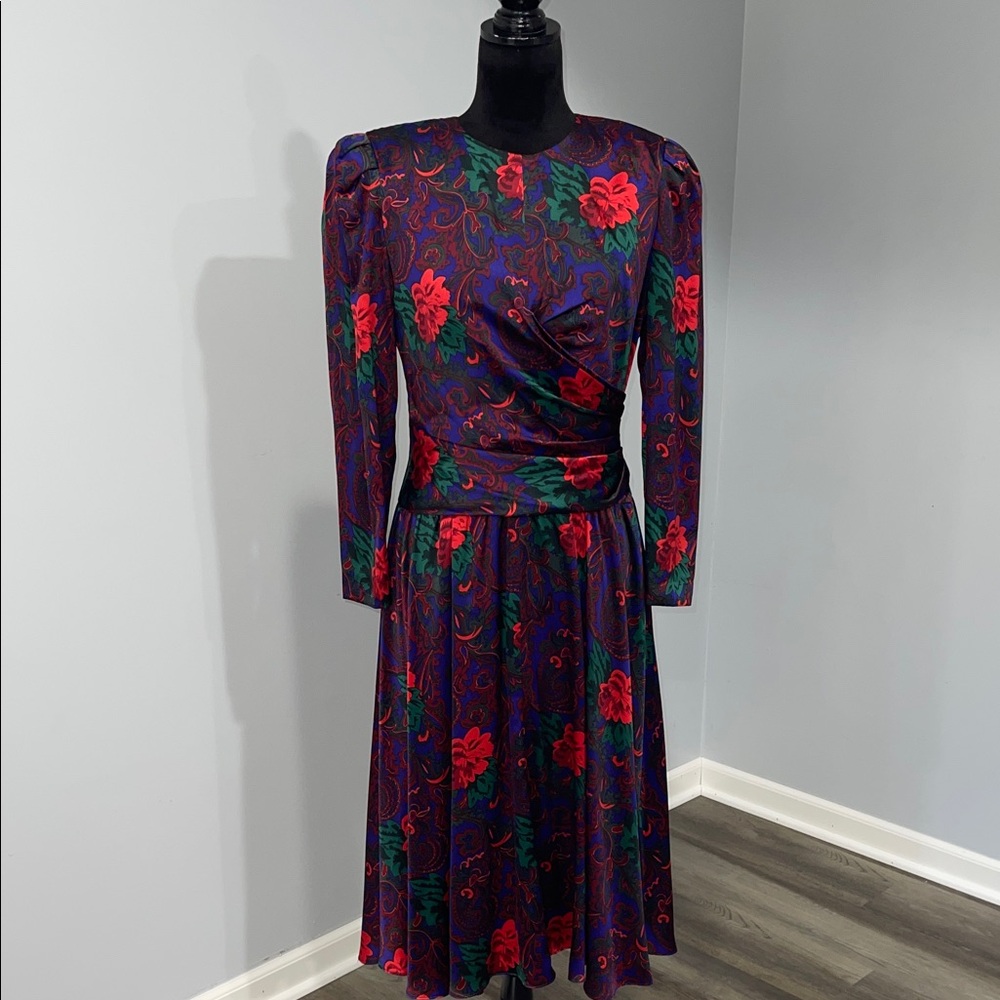 NUIT Petites vintage 1980s Dress Women size 6 Floral 100% Silk A-Line Midi Party